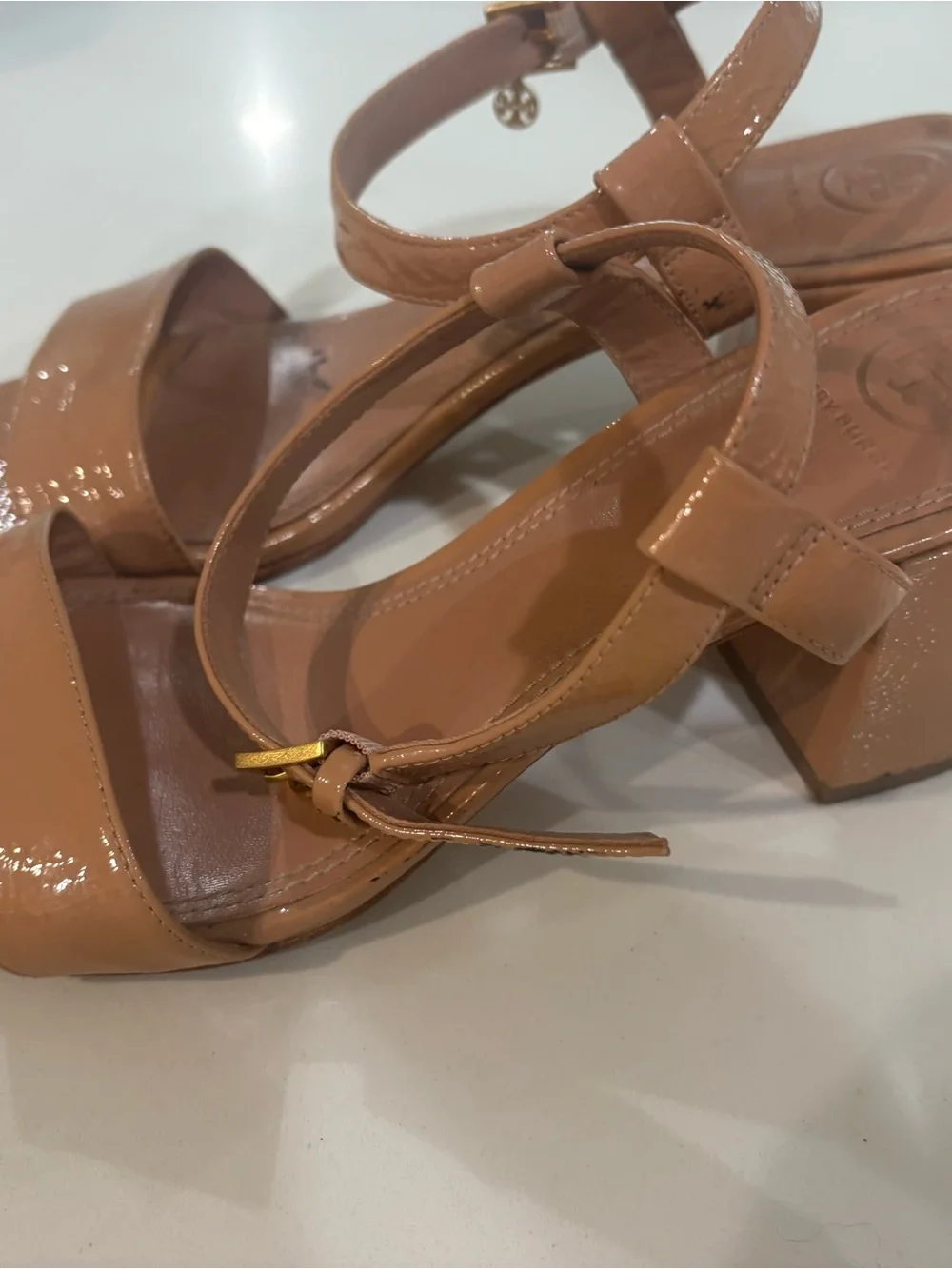 Tory Burch Patent Leather Block Heel Sandals in Tan 8